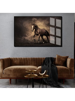 Harikabirev Sevilen Asil At Tablosu Toprak Rengi 2|Çerçeveli Temperli Cam Tablo Tekli Yatay