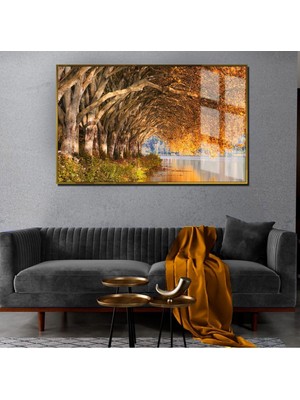 Harikabirev Sonbahar Manzaralı Sarı Göl Kıyısı Model 1|Çerçeveli Temperli Cam Tablo Tekli Yatay