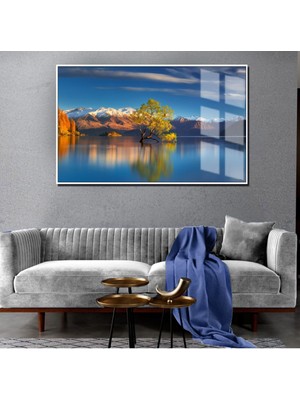 Harikabirev Sonbahar Manzaralı Mavi Göl Ağaç Detayı 1|Çerçeveli Temperli Cam Tablo Tekli Yatay