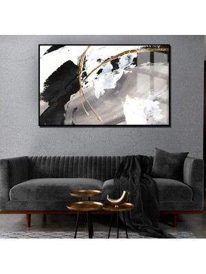 Harikabirev Antrasit Gri-Siyah-Gold  Sevilen Soyut |Çerçeveli Temperli Cam Tablo Tekli Yatay