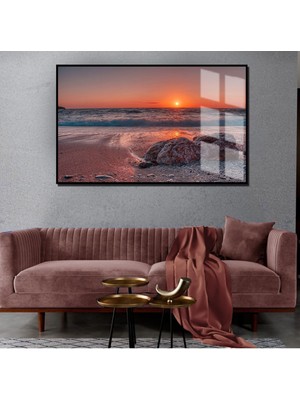Harikabirev Yaz Manzaralı Kırmızı Günbatımı Model 1|Çerçeveli Temperli Cam Tablo Tekli Yatay
