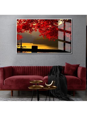 Harikabirev Sonbahar Manzaralı Kırmızı Göl Manzarası 1|Çerçeveli Temperli Cam Tablo Tekli Yatay