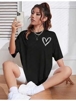 Pileli Store Bisiklet Yaka Baskılı Oversize T-Shirt - Siyah