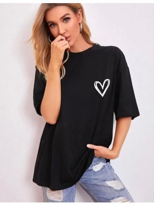 Pileli Store Bisiklet Yaka Baskılı Oversize T-Shirt - Siyah