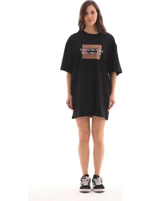 Pileli Store Unisex Bisiklet Yaka Baskılı Oversize T-Shirt - Siyah