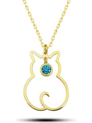 Pileli Store 925 Ayar Gümüş Mart Ayı Doğum Taşı Kedi Kadın Kolye
