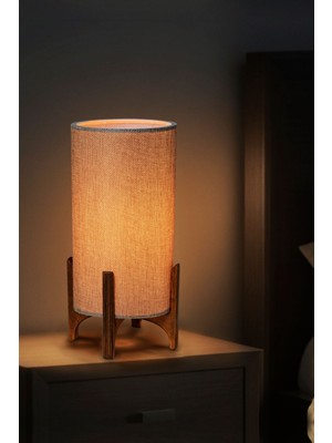 Woodhub Ahşap Abajur Bej Modern Şık Yatak Odası Salon Masa Lambası