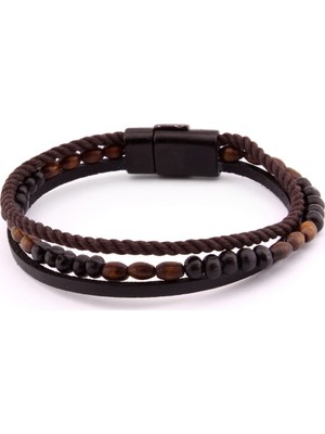 Tesbihname Hasır Tasarım Kuka Işlemeli 3 Sıra Siyah-Kahverengi Çelik-Deri Kombinli Bileklik