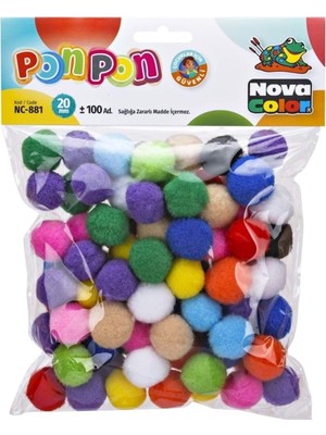 Nova Color 20 mm Ponpon 100 Adet Renkli Güvenli Çocuklar için Malzeme NC-881