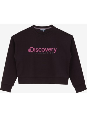 Discovery Expedition Siyah Kadın Bisiklet Yaka Crop Baskılı Sweatshirt D4WL-SWT3010