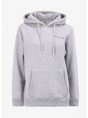 People By Fabrika Kapüşon Yaka Baskılı Gri Melanj Kadın Sweatshırt PBF4WL-SWT5630