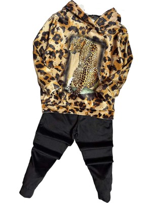 Kız Çocuk Digital Baskılı Kapüşonlu Likralı Kehribar Kadife Eşofman Takım