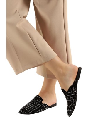 Liger Süet Sivri Burun Taş Tasarımlı Kadın Terlik SİYAH - GÜMÜŞ