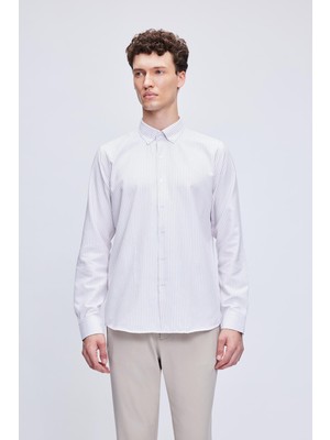 Kahverengi Comfort Fit Çizgili Pamuklu Düğmeli Yaka Uzun Kollu Casual Gömlek