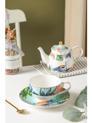 Tasarım Evi Peacock 4 Parça Tavus Kuşu Desenli Çay ve Kahve Fincanı + Porselen Demlik Seti