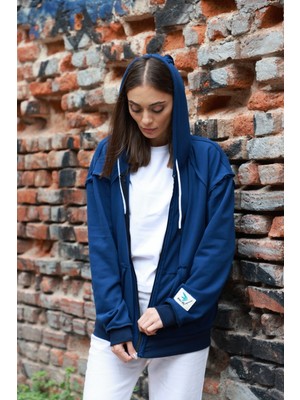 Owut Collection Kadın Saks Mavi Pis Dikiş Detaylı Oversize Sweatshirt