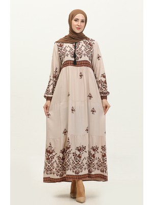 Sefa Merve Büyük Beden Çiçek Desenli Viskon Elbise 4084-02 Bej