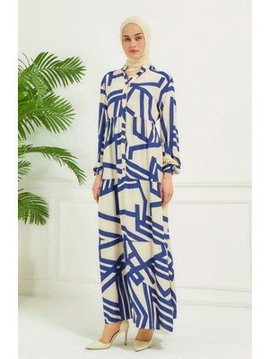 Sefa Merve Geometrik Desen Elbise 4106-01 Lacivert