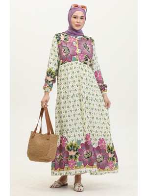 Sefa Merve Çiçek Desenli Elbise 4093-02 Fuşya