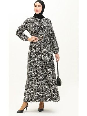 Sefa Merve Viskon Kemerli Desenli Elbise 2204-04 Siyah