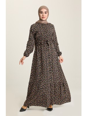 Sefa Merve Çiçek Desenli Elbise 4066-01 Siyah