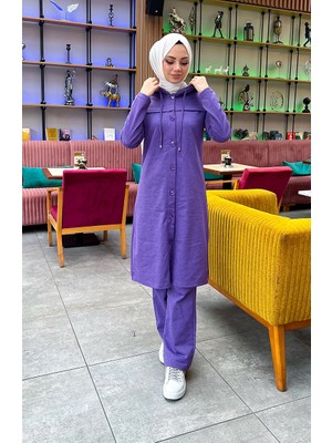 Sefa Merve Düğmeli Kapüşonlu Eşofman Takım 3072-01 Mor