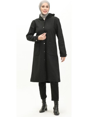 Sefa Merve Kapüşonlu Kaşe Kap 1691-07 Siyah