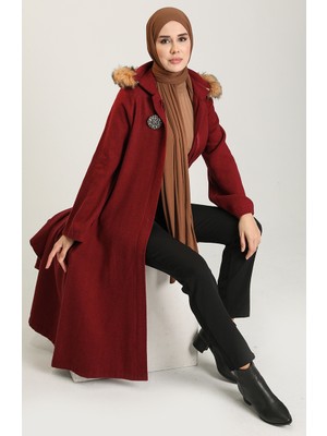 Broşlu Kaşe Kaban 611571-04 Bordo