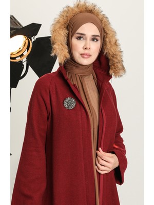 Broşlu Kaşe Kaban 611571-04 Bordo