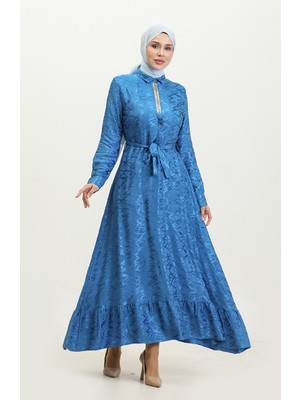 Sefa Merve Gömlek Yaka Desenli Elbise 81854-07 Saks