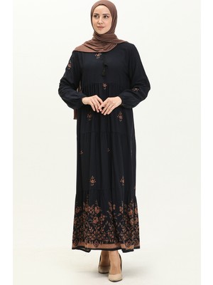 Sefa Merve Desenli Viskon Elbise 4083-04 Lacivert