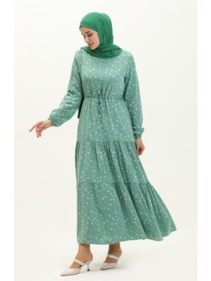 Sefa Merve Büzgülü Desenli Elbise 81802-05 Mint Yeşili