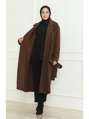 Sefa Merve Büyük Beden Kruvaze Tek Düğmeli Kap 712510-01 Kahverengi