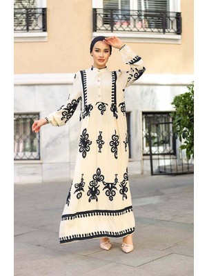 Sefa Merve Çini Desen Elbise 4100-01 Ekru