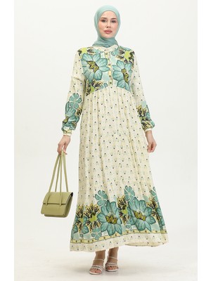 Sefa Merve Çiçek Desenli Elbise 4093-05 Yeşil
