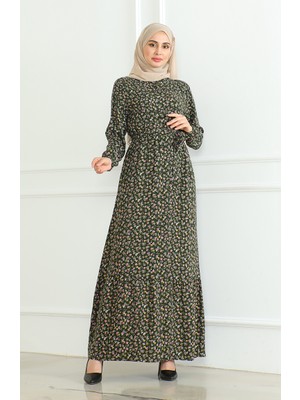 Sefa Merve Çiçek Desenli Elbise 4066-11 Haki Yeşil