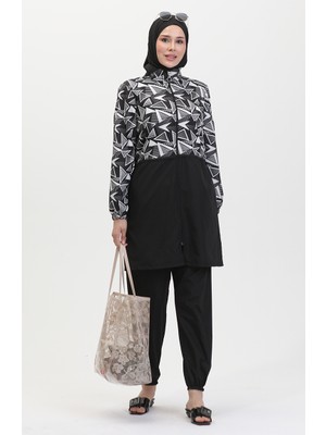 Sefa Merve Kadın Tesettür Mayo Beli Lastikli Siyah Beyaz Geometrik Desen ile Şık