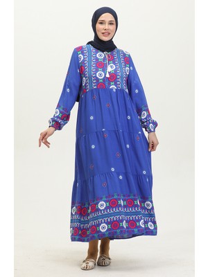 Sefa Merve Nakış Desenli Elbise 4089-03 Saks