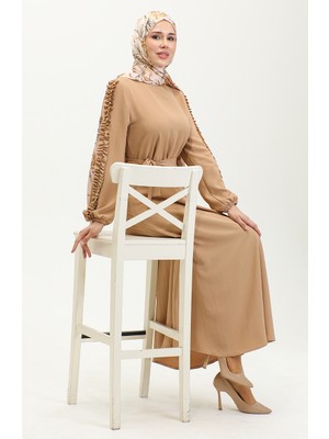 Sefa Merve Kolları Fırfırlı Düz Elbise 2002-04 Vizon