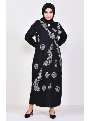 Sefa Merve Desenli Şile Bezi Elbise 0004-05 Siyah