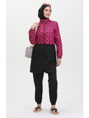 Sefa Merve Ebrar Kadın Tesettür Mayo Beli Lastikli Vişne Renkli Desen ile