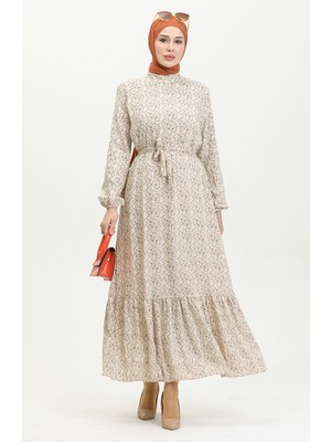 Sefa Merve Desenli Viskon Elbise 81867-02 Vizon