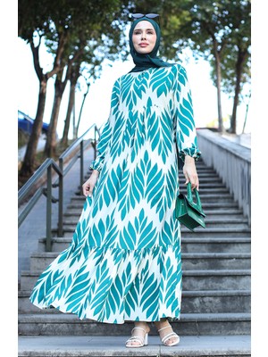 Sefa Merve Desenli Viskon Elbise 81880-01 Yeşil