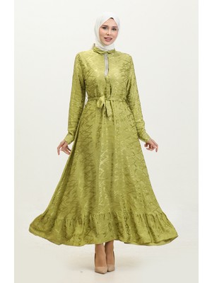 Sefa Merve Gömlek Yaka Desenli Elbise 81854-05 Fıstık Yeşili