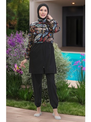 Sefa Merve Tropikal Beli Lastikli Tesettür Mayo 5040-01 Siyah