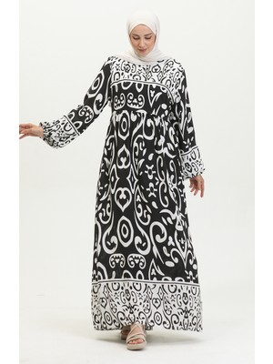 Sefa Merve Desenli Viskon Elbise 81862-04 Siyah
