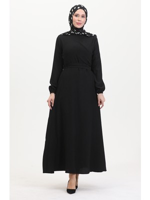 Sefa Merve Bürümcük Kumaş Yandan Bağlamalı Elbise 1033-02 Siyah