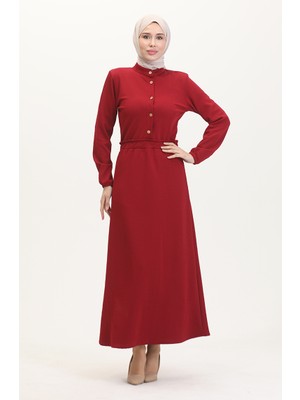 Sefa Merve Hakim Yaka Yarım Düğmeli Elbise 0522-01 Bordo