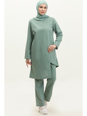 Sefa Merve Asimetrik Kesim Iki Iplik Eşofman Takım 03076-09 Çağla Yeşili