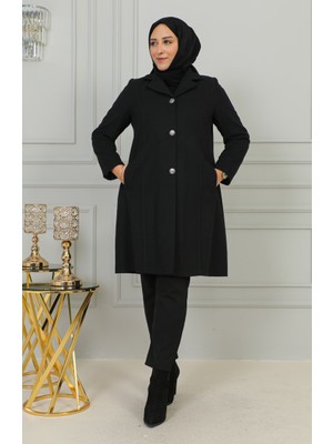 Büyük Beden Düğmeli Kaşe Kaban 1176-01 Siyah